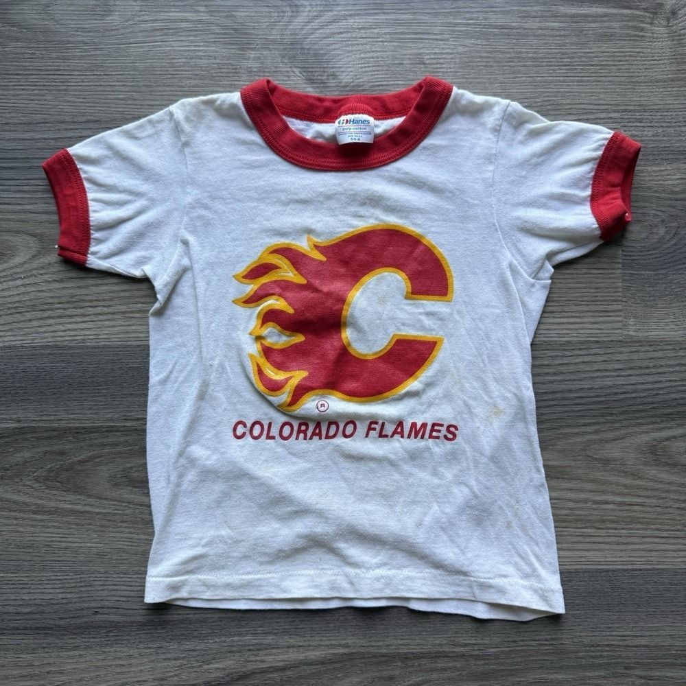 VTG 80s Colorado Flames CHL Minor League Hockey Ringer T Shirt Youth S 6-8 RARE